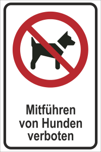 Aufkleber mit Symbol Rot, schwarzer Kontur und Text  Mitführen von Hunden verboten